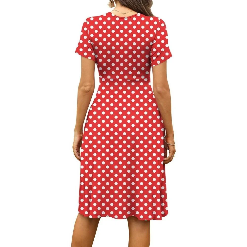 Women Dot Red Short Sleeve V-Neck Floral Stretchy Party Dress with Pockets